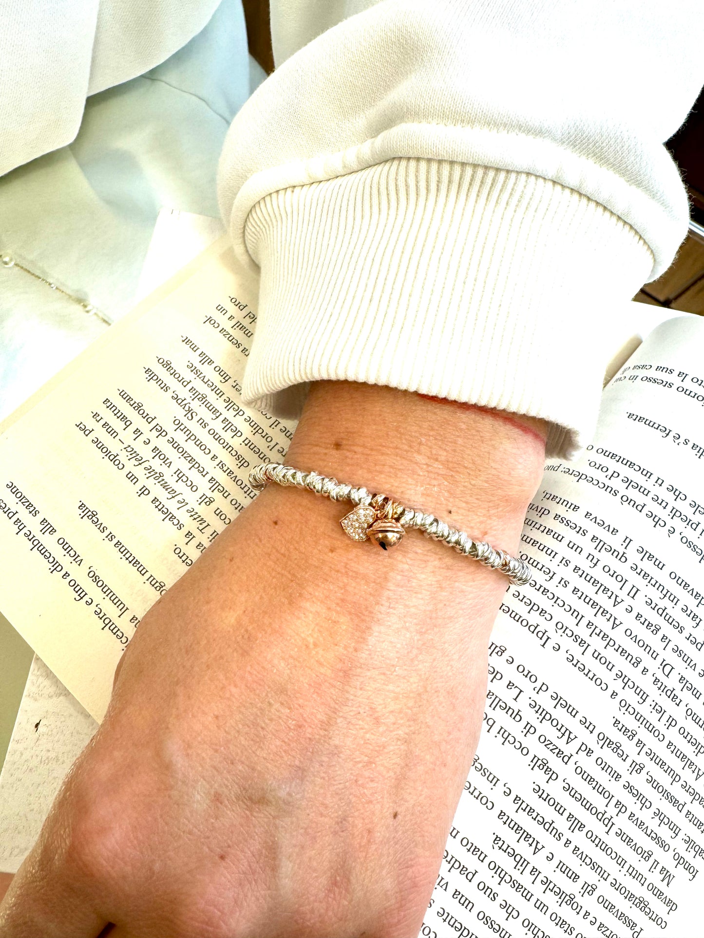 Bracciale in argento 925 con ciondolo cuore placcato in oro rosa e pavè di zirconi