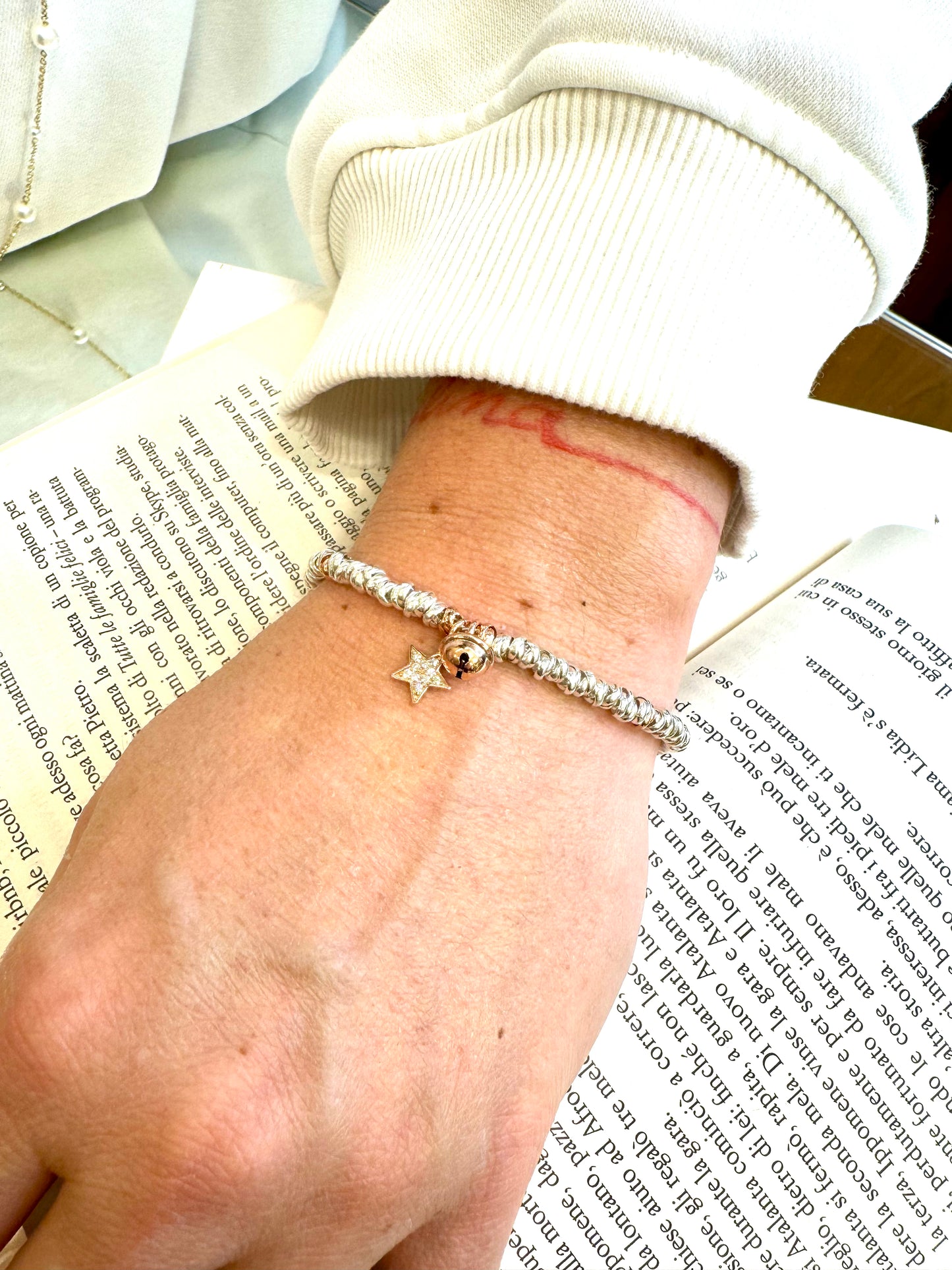 Bracciale in argento 925 con ciondolo stella placcato in oro rosa e pavè di zirconi