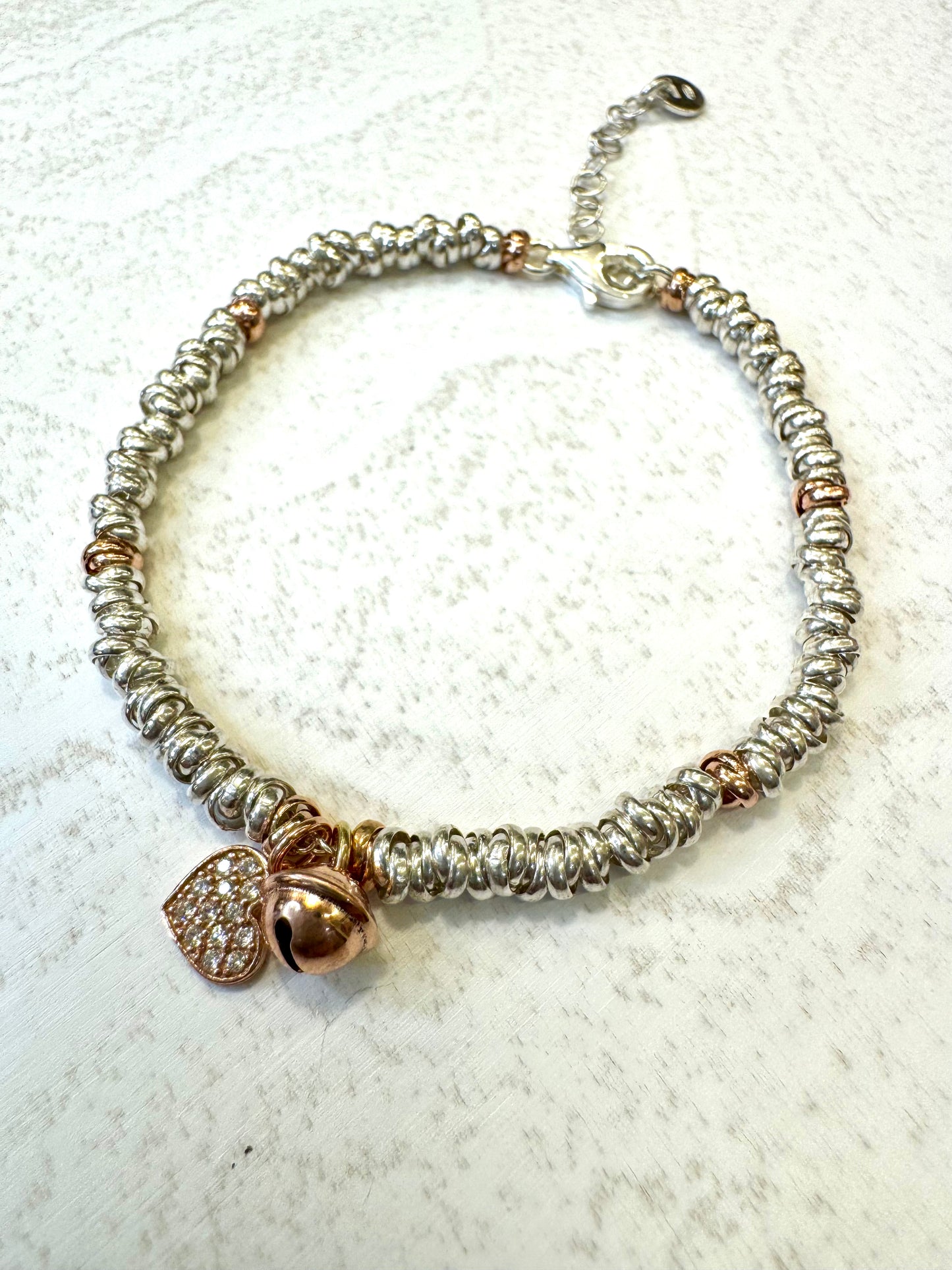 Bracciale in argento 925 con ciondolo cuore placcato in oro rosa e pavè di zirconi