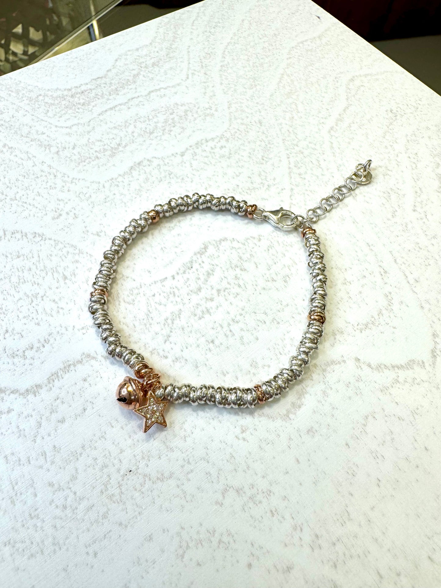 Bracciale in argento 925 con ciondolo stella placcato in oro rosa e pavè di zirconi