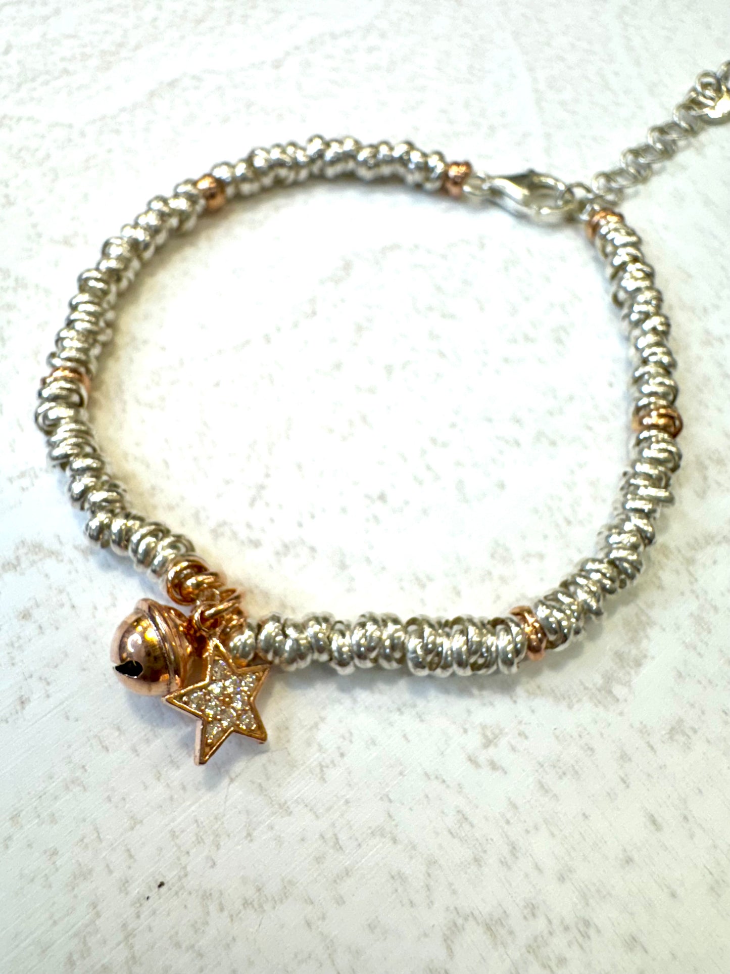 Bracciale in argento 925 con ciondolo stella placcato in oro rosa e pavè di zirconi